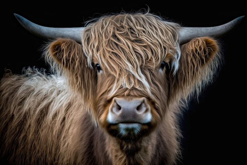 Pode incluir: Um close-up de uma vaca Highland marrom e branca com cabelo longo e desgrenhado. A vaca tem o nariz preto e olhos grandes e escuros. A vaca est&aacute; olhando diretamente para a c&acirc;mera.
