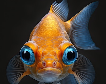 Peixinho dourado com grandes olhos azuis em um fundo preto