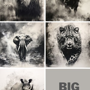 Los 5 grandes animales africanos / Blanco y negro / Impresión digital / León / Búfalo / Elefante / Leopardo / Rinoceronte