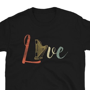 T-shirt cadeau joueur de harpe Love pour homme et femme - T-shirt professeur de musique musicien - T-shirt orchestre d'instruments