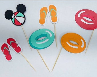 Mickey/Minnie Mouse Pool Party Cupcake Toppers: Tropical Party Decorations