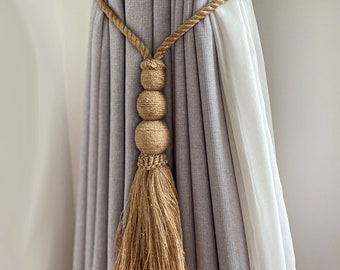 Triple Sphere Jute Curtain Tie Back, Natural Jute Tie Back, Bohemian Tie Back, Coastal Tie Back, Rustic Curtain Tie Back, Curtain Hardware