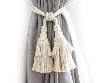 Fermacravatta per tende con nappe in cotone grandi e piccole, fermacravatta per tende stile boho chic, fermacravatta boho, fermacravatta stile costiero, fermacravatta con nappe bianche
