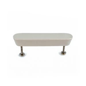 May include: A light beige cabinet pull with a rectangular shape and rounded edges. The pull is mounted on two silver screws. This hardware is suitable for drawers and cabinets.