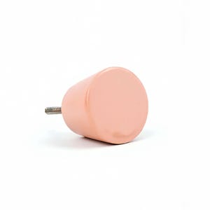 May include: A cylindrical cabinet knob in a soft, muted rose gold colour. The knob has a flat, circular face and a threaded metal screw extending from one end for attachment. The design is simple and modern.