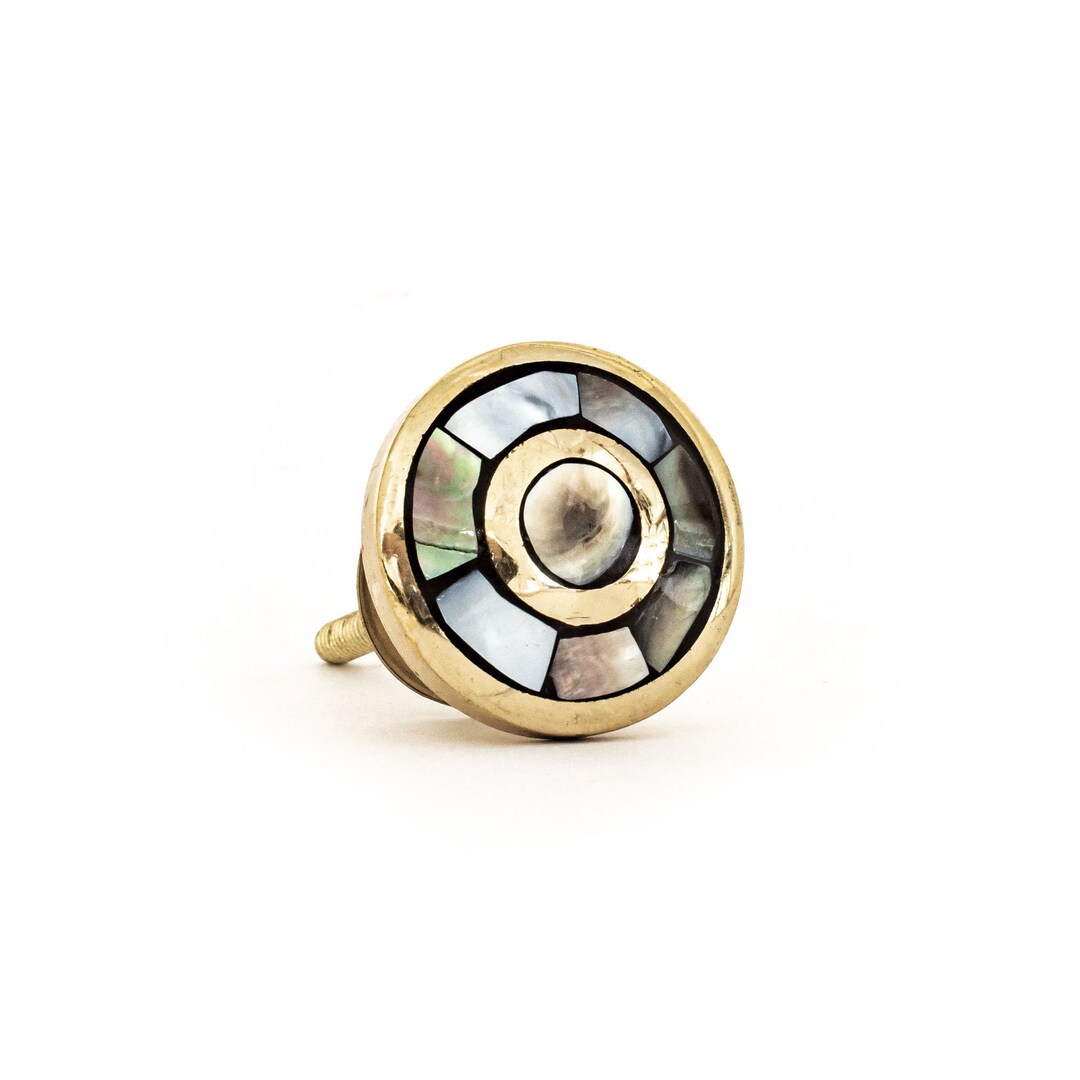 Black Brass Eye Shell Knob, Mother of Pearl Knob, Round Vintage Knob