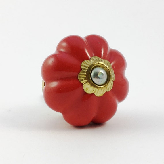 Coral Red Ceramic Melon Knob Red Ceramic Cabinet Knob Etsy