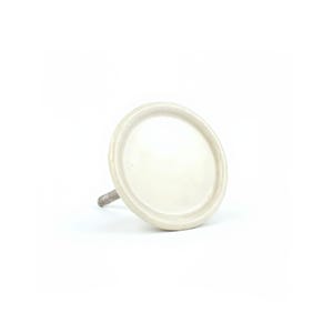 May include: A cream-coloured ceramic cabinet knob with a circular design. The knob has a slightly raised edge and a threaded metal screw for attachment. The knob is set against a white background.