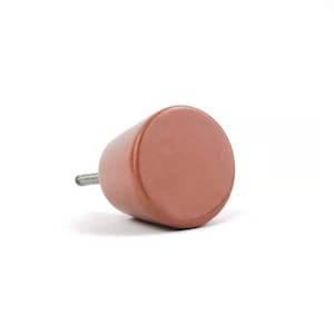 May include: A cylindrical cabinet knob with a flat, circular face. The knob is a muted reddish-brown colour and has a silver-coloured screw extending from the back. The knob is likely made of ceramic or a similar material.