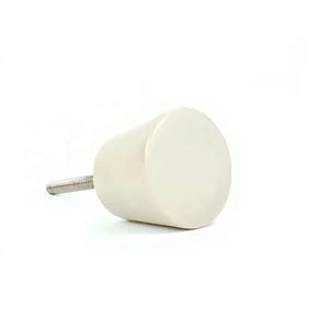 May include: A cream-coloured cabinet knob with a cylindrical body and a threaded metal screw. The knob has a smooth, rounded surface, designed for easy installation on drawers or doors.