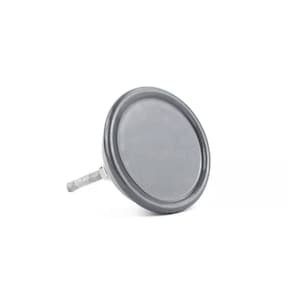 May include: A grey, circular knob with a threaded metal post. The knob has a flat, disc-shaped face and a rounded edge. The metal post extends from the back of the knob.
