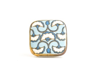 Square Ceramic Art Deco Detailed Knob, Blue White & Gold Handpainted Cabinet Knob, Decorative Knob, Cabinet Hardware, Modern Furniture Knob