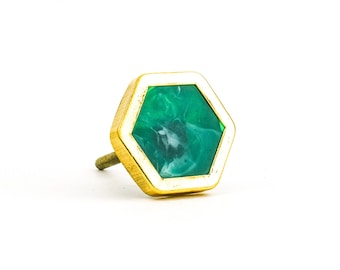 Hexagon Emerald Green and Gold Art Deco Knob, Luxe Cabinet Hardware, Modern Furniture Knob, Vintage Knob, Hollywood and Regency Style knob