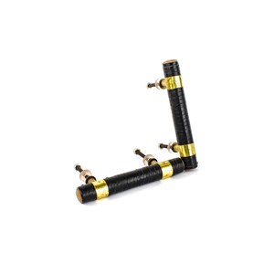 May include: Two black and gold cabinet door pulls with metal screws. The pulls are made of wood and have a black finish with gold accents.