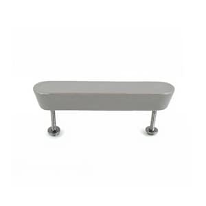 May include: A silver cabinet pull with a rectangular bar and two screw-in posts. The bar is slightly rounded on top and tapers at the ends. The screws are silver and have a coiled design.