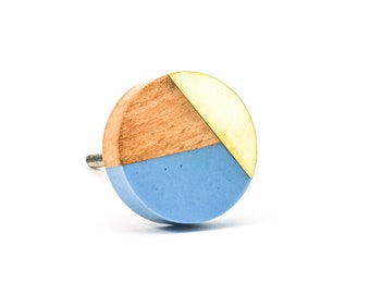 Round Blue Trio Knob, Wooden Cabinet Knob, Furniture Hardware, Baby Nursery Decor, Blue and Gold Knob, Modern Knob, Themed Decor