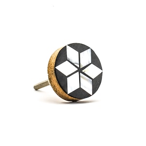 Inlaid Flower Knob, Wood and Shell Cabinet Knob, Furniture Hardware, Home Decor, White and Black Knob, Modern Knob, Themed Decor, Mango Wood