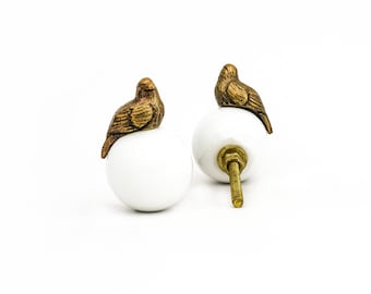 Gold Perched Bird Knob, Woodland Themed Nursery Knob, Modern Knob, Decorative Drawer or Cabinet Pull, Furniture Handle, Glass and Iron Knob