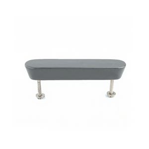 May include: A grey cabinet pull with a rounded rectangular shape. The pull is mounted on two silver screws with washers. The hardware is designed for furniture such as cabinets and drawers.
