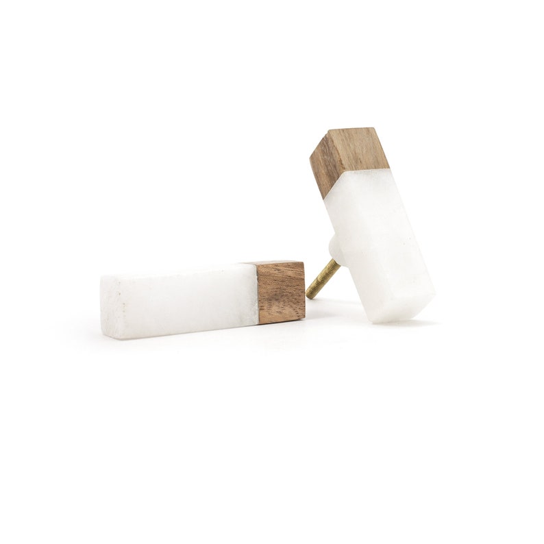 White Marble And Wood Tip Pull Bar Wooden Cabinet Knob Etsy