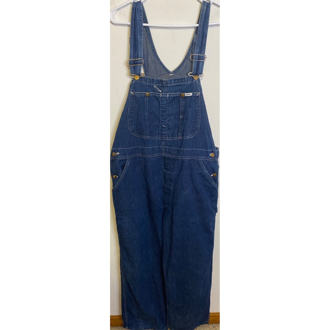 Vintage LEE Blue Denim Jeans Button Fly Bib Overalls Sz