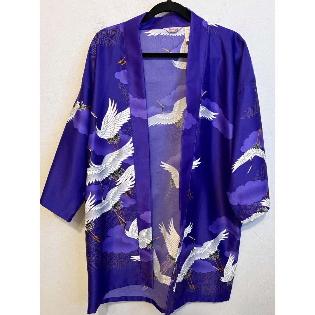 Japan Purple Robe Vintage Maruky Kyoto Tokyo JAPAN Kimono Robe Purple Storks Bird Short ...