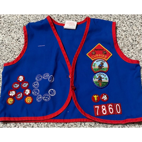 Vintage AWANA Uniform Vest CUBBIES Blue/Red Sewn Patches Youth Large YL