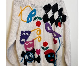 Vintage Cherry Stix LTD Mardi Gras Mask Cherry Long Sleeve Sweater Women LARGE