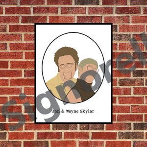 May include: A digital illustration of a couple, Jan & Wayne Skylar, in a circle on a white background.