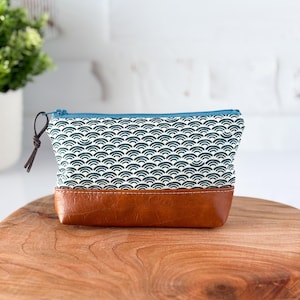 Small Zipper Pouch / Navy and White / Small Waves Fabric