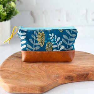 Small Zipper Pouch / Blue and Gold Leaves