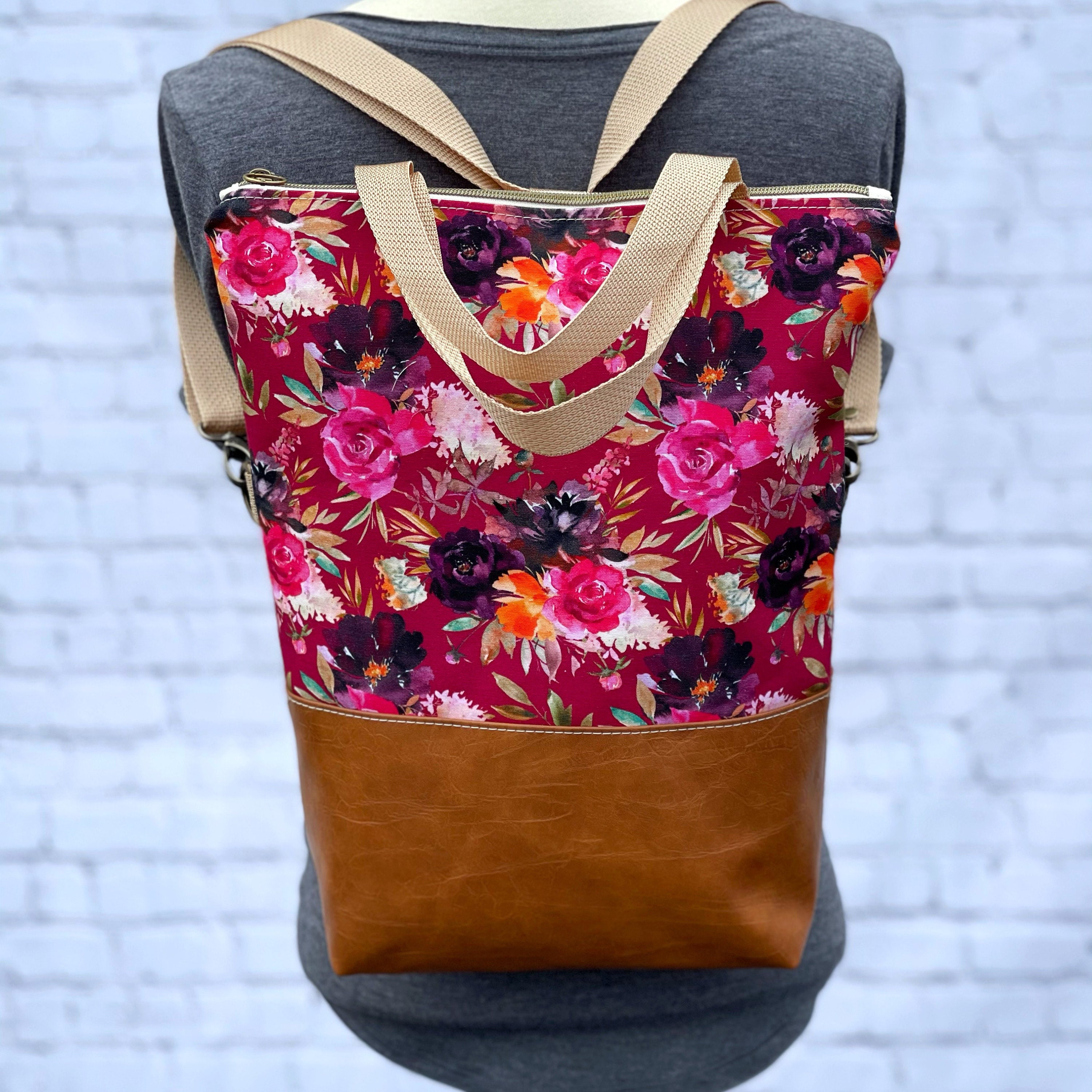 Floral / Convertible Backpack / Fold Over Tote / Crossbody Bag Etsy
