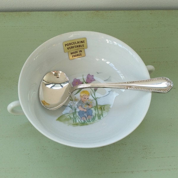 Coffret de naissance Fabiora Paris assiette enfant porcelaine et cuillère à bouillie plaqué argent vintage made in France