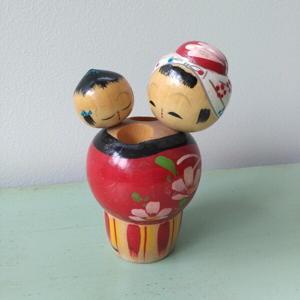 Japanese Kokeshi dolls mother and child carved and decorated wooden handmade vintage toothpick holder
