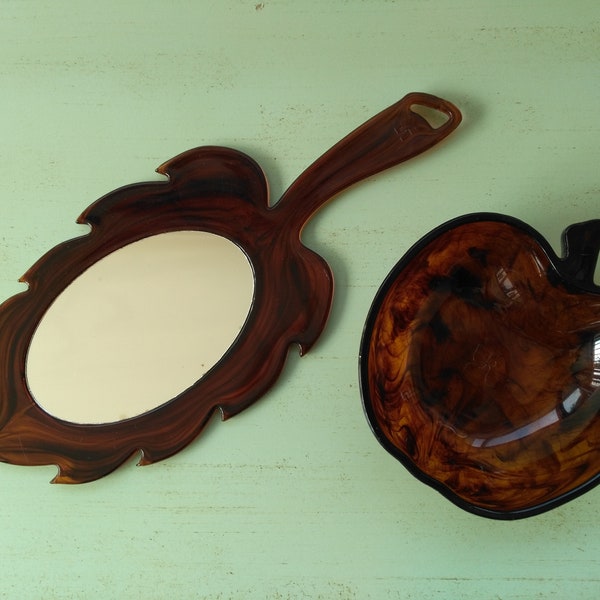 Miroir à main feuille et pomme vintage