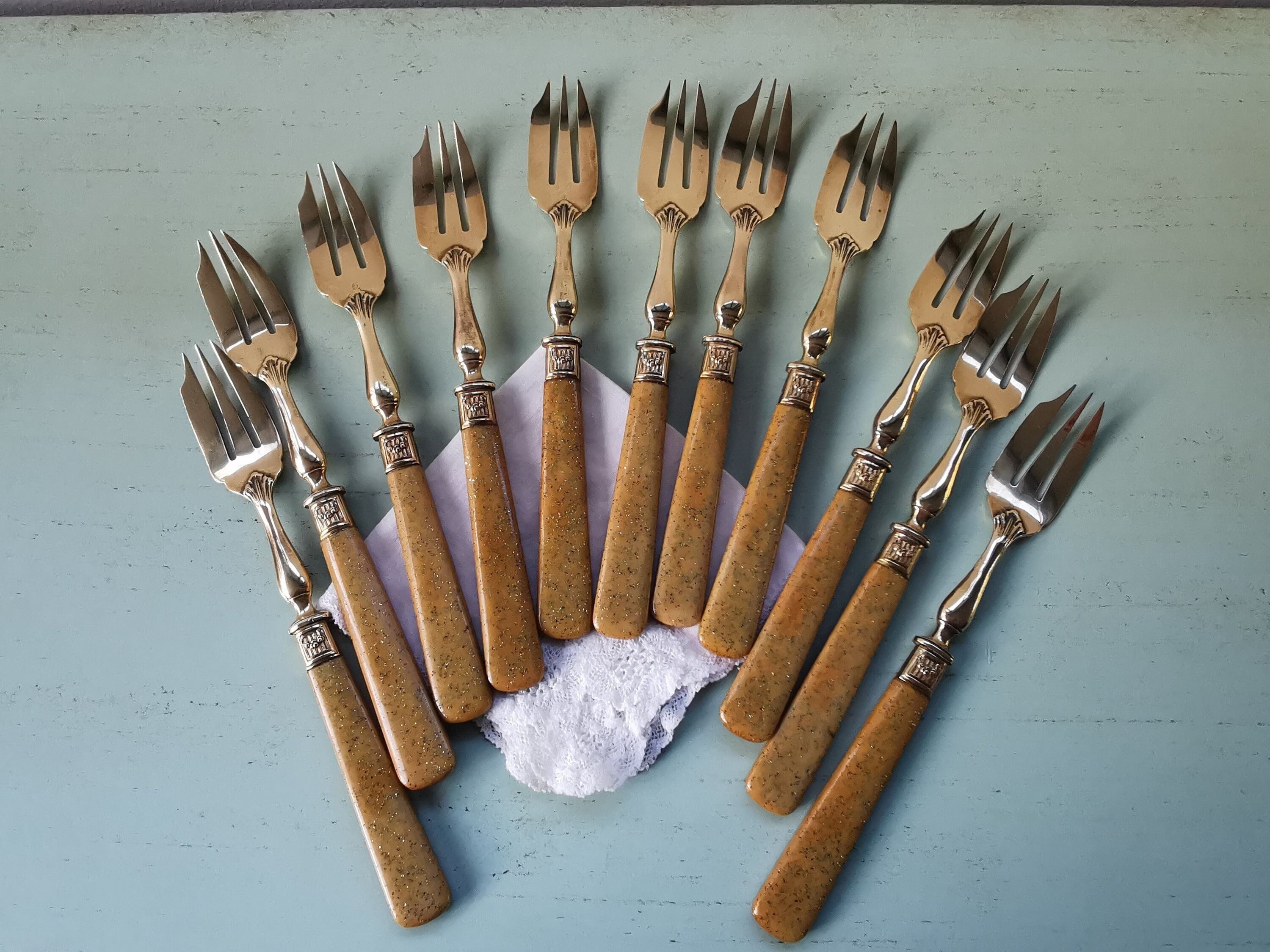 Fourchettes à Gâteau Laiton et Bakélite Pailletée Art Déco