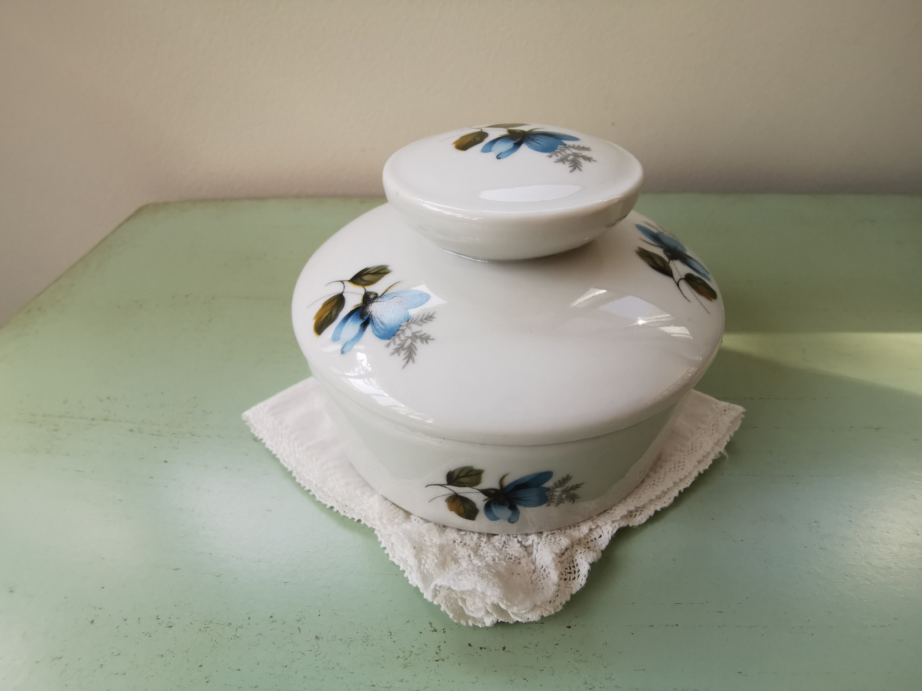 Pot à Coton Porcelaine Fleurs Bleues Vintage