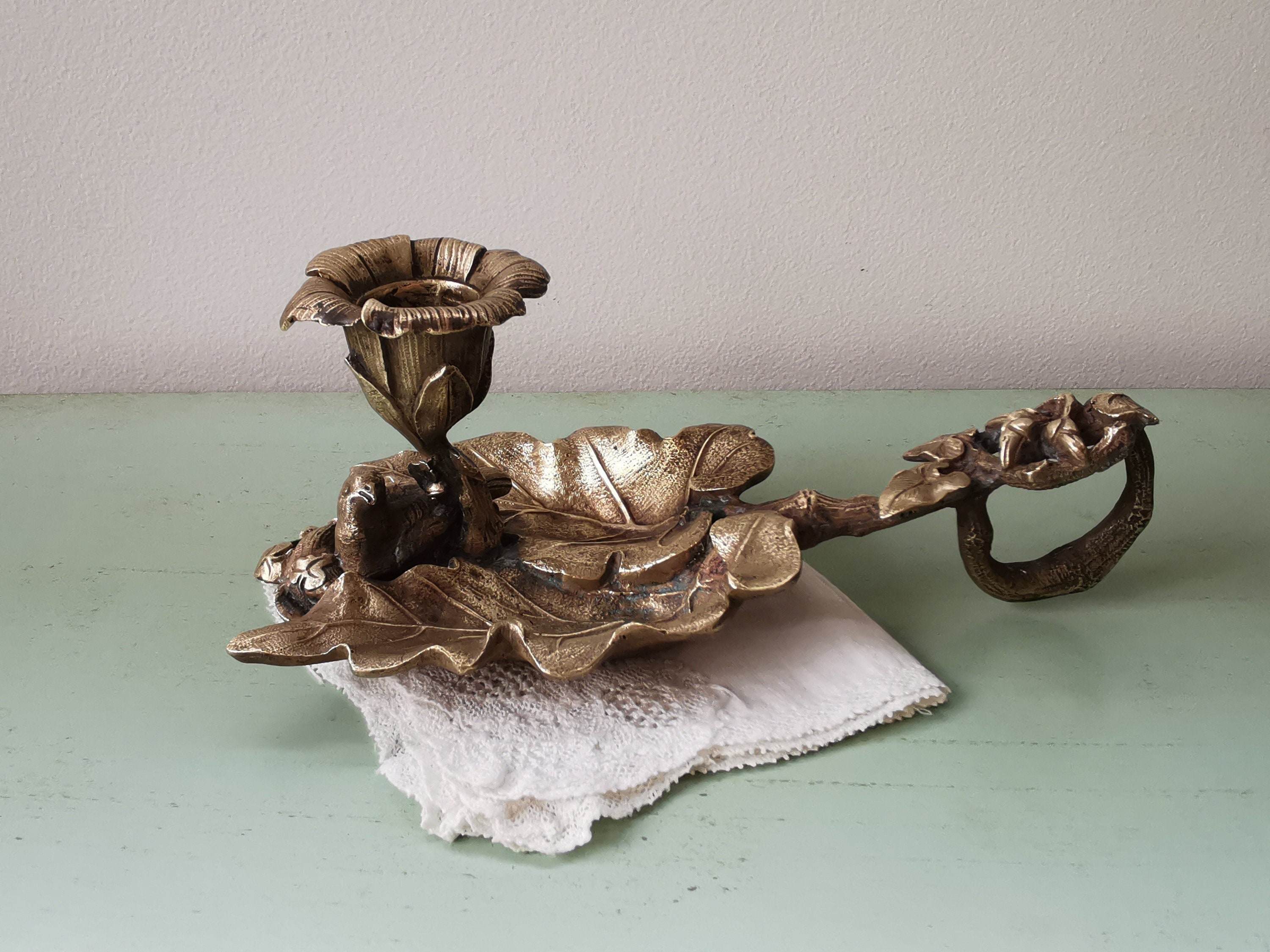 Bougeoir Feuille Oiseau en Laiton Vintage