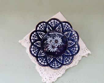 Small vintage Hungarian openwork blue porcelain bowl