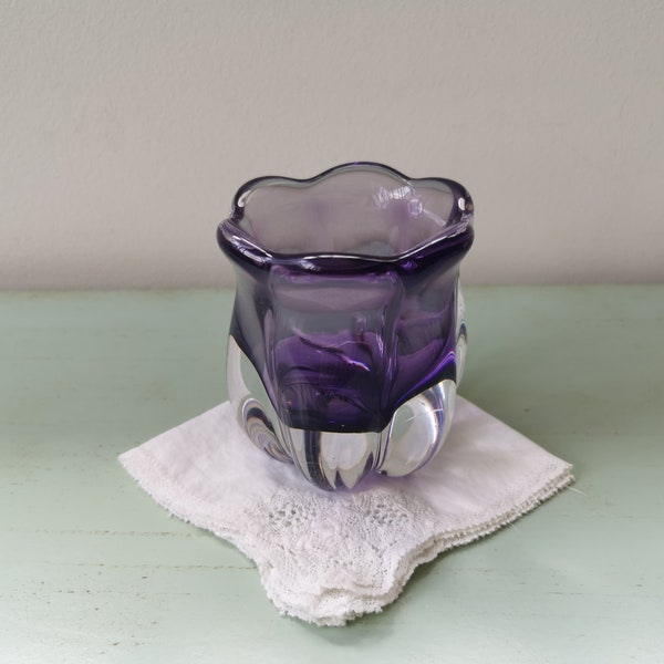 Bougeoir en cristal violet et transparent vintage