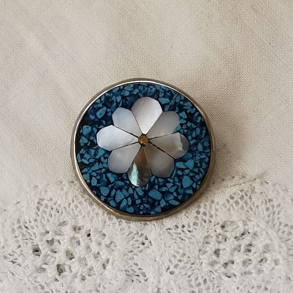 Broche pendentif en alpaca et abalone vintage