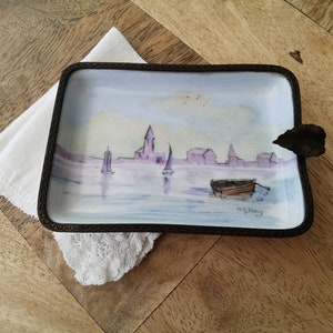 Limoges porcelain pocket emptier, hand-painted sea landscape, signed