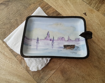 Limoges porcelain pocket emptier, hand-painted sea landscape, signed