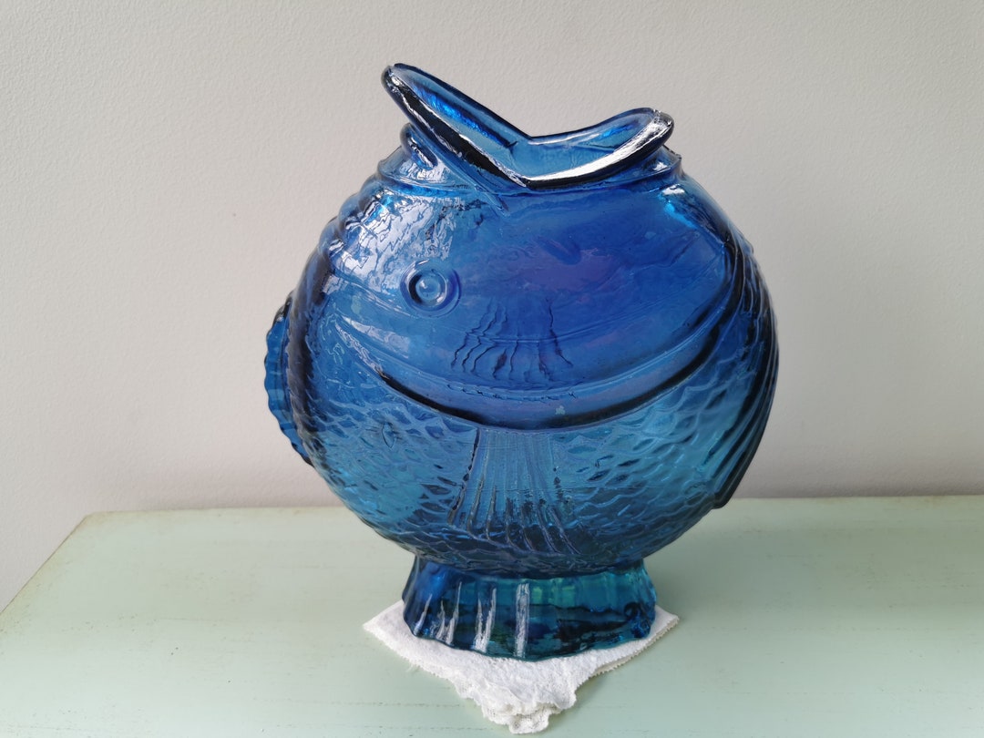 Vase Fish Mouth Open Old Blue Glass Etsy