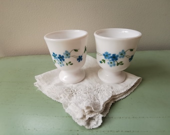 2 Arcopal egg cups opal glass vintage blue flowers