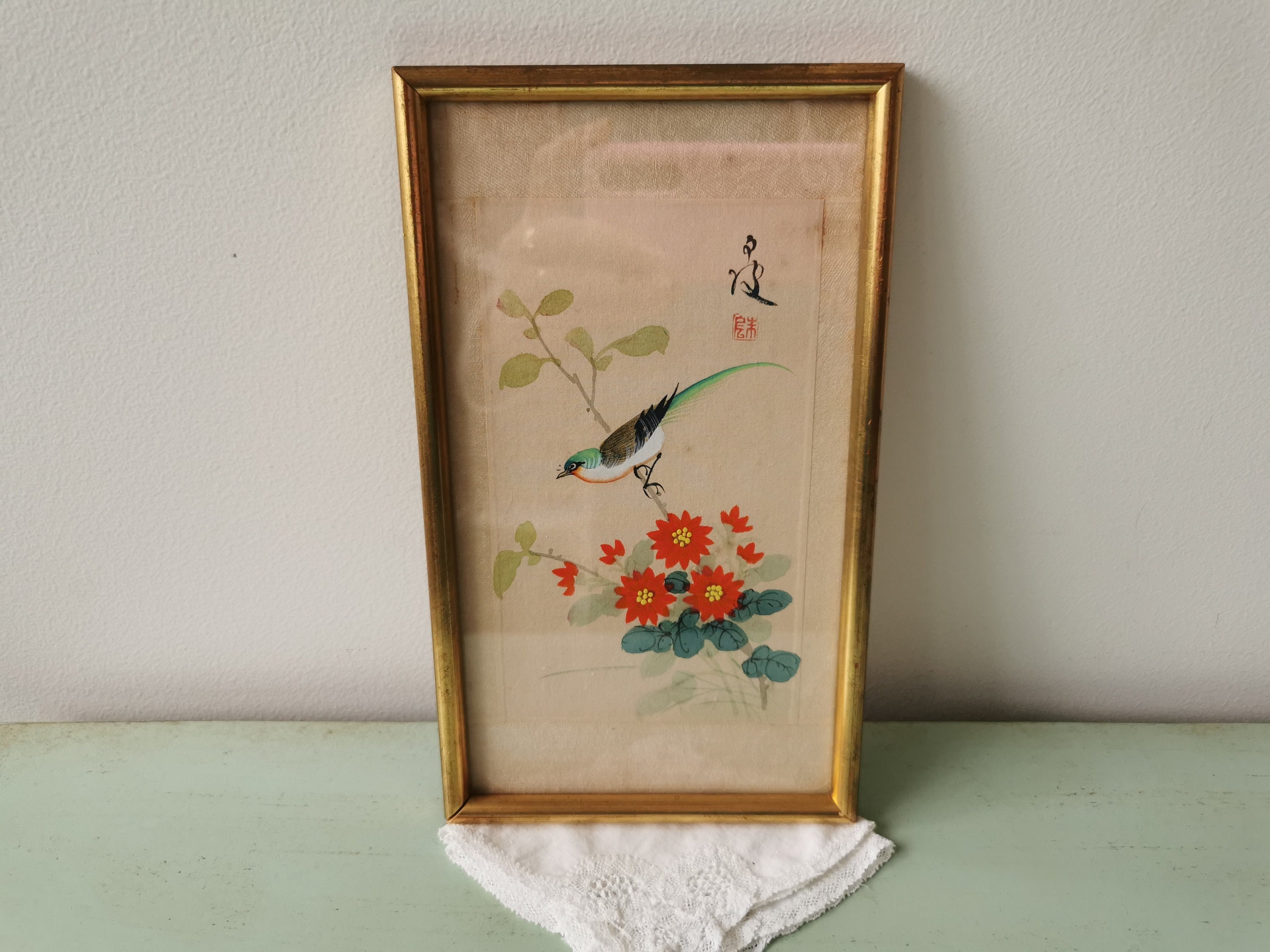 Peinture sur Soie Asiatique Décor d'oiseau Vintage