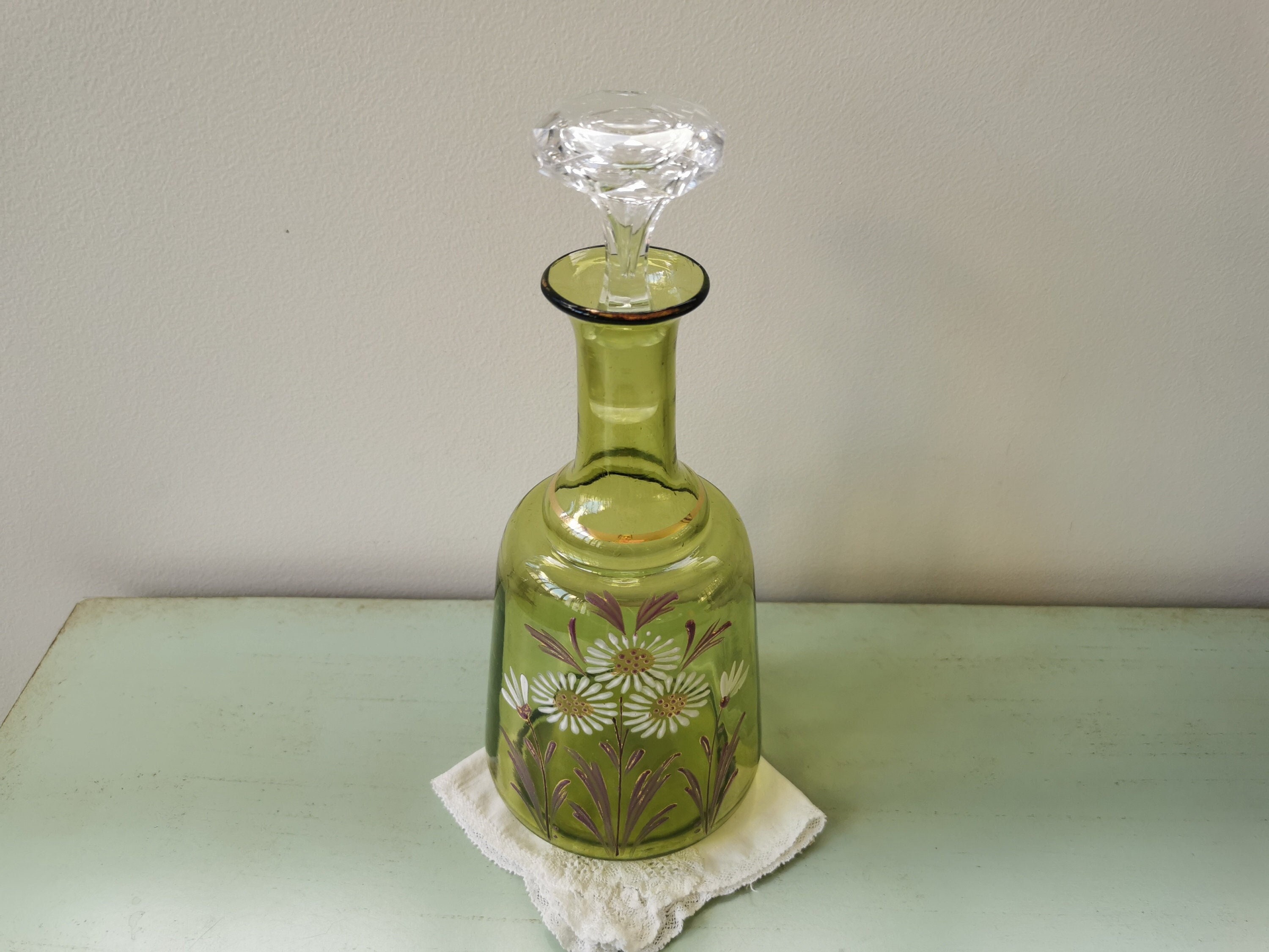 Carafe Verre Vert Émaillée Marguerites Ancienne