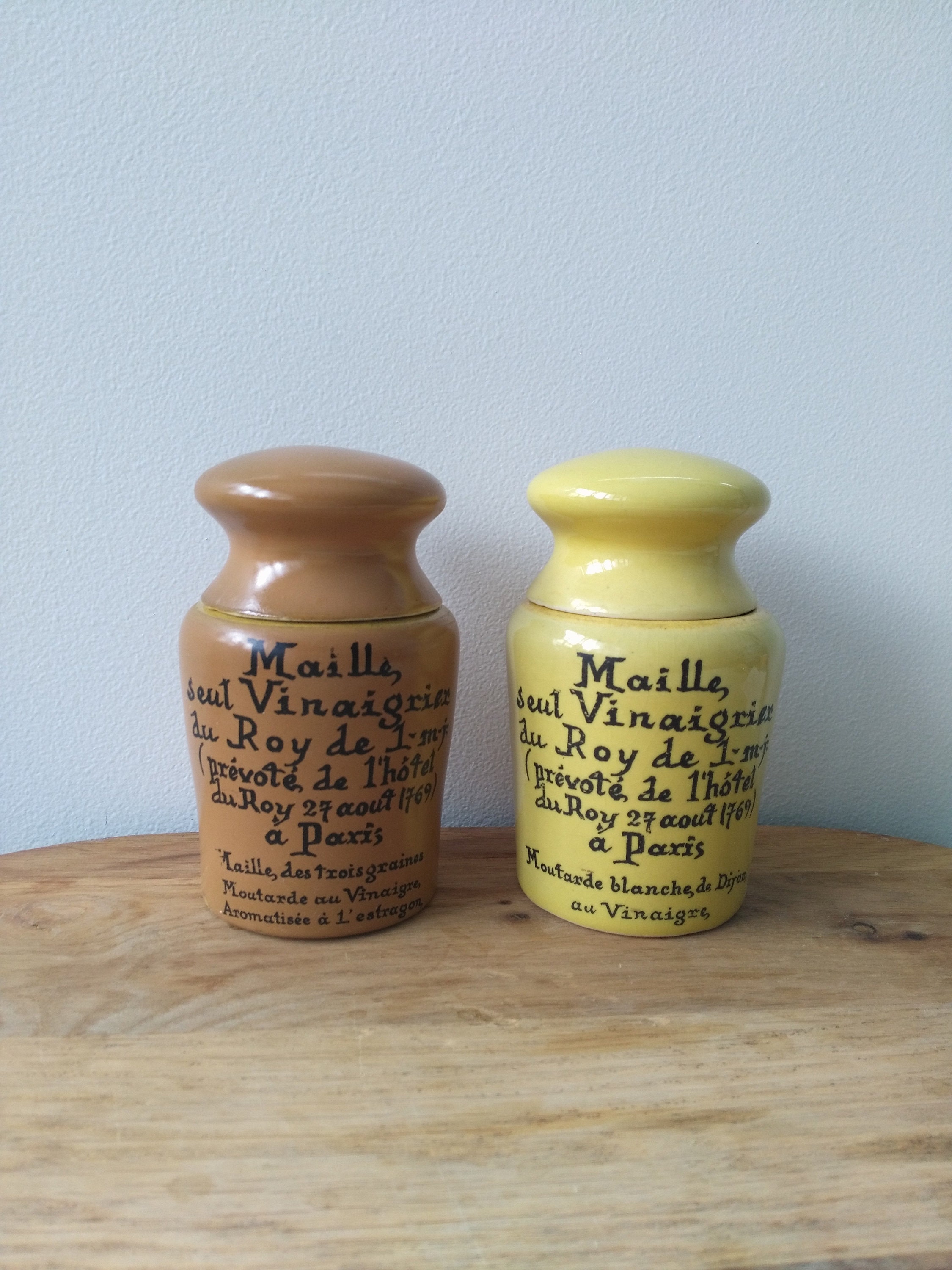 2 Pots à Moutarde Maille Jaune et Marron Vintage Français