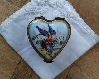 Bird and flower pill box from Limoges French porcelain hand painted