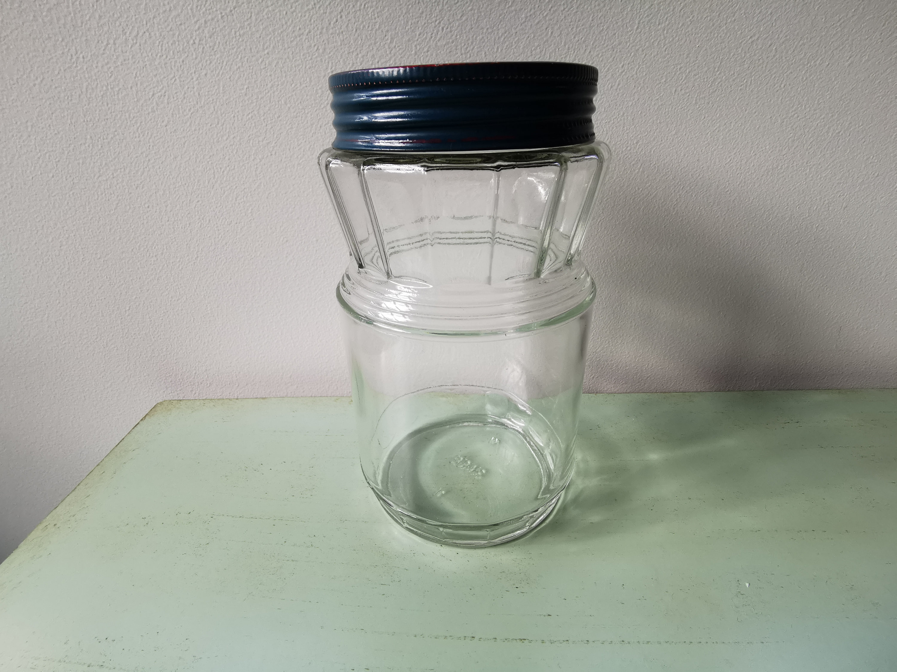 Bocal d'épicerie en Verre et Couvercle Bleu Ancien